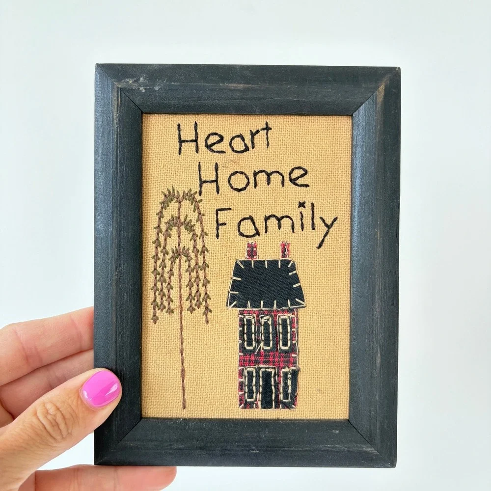 Primitive Folk Art Embroidered Framed Art Set Cherish Heart Home Family Black